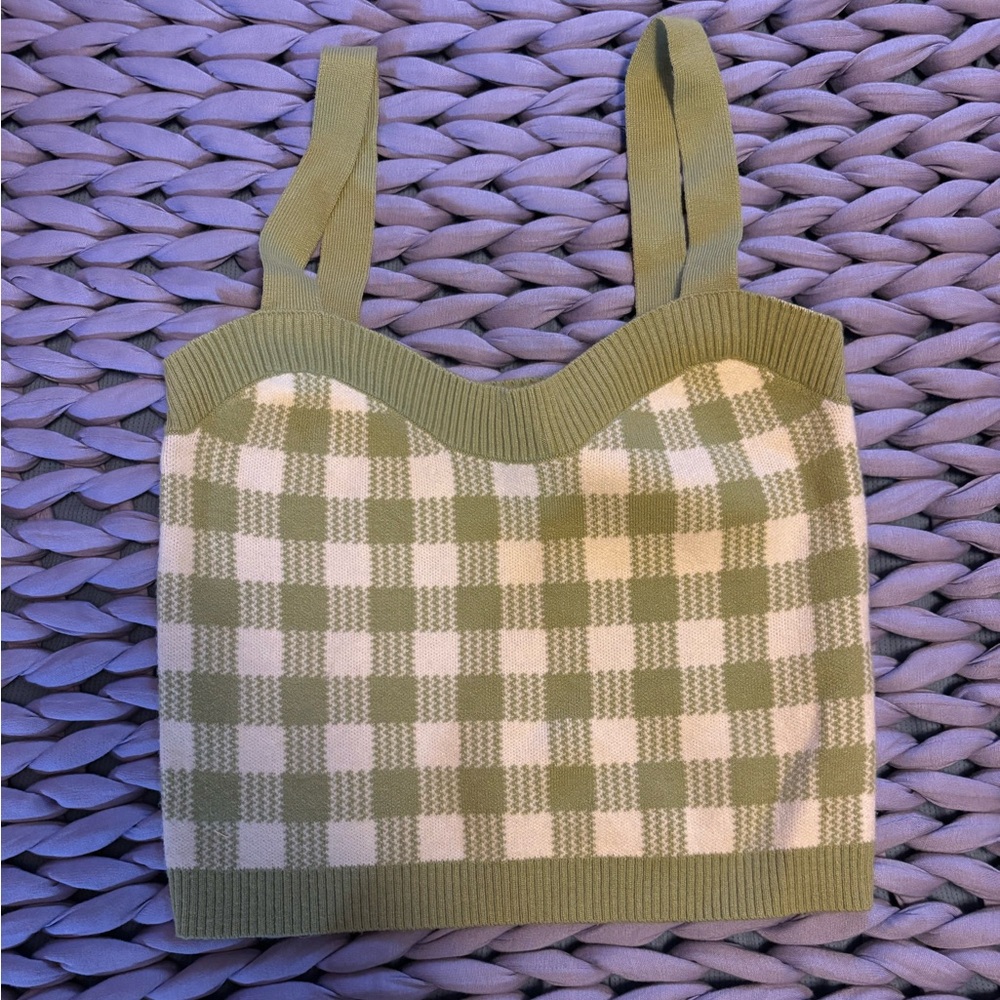 LALAVON Green and White Checkered, sweetheart neckline Crop Top